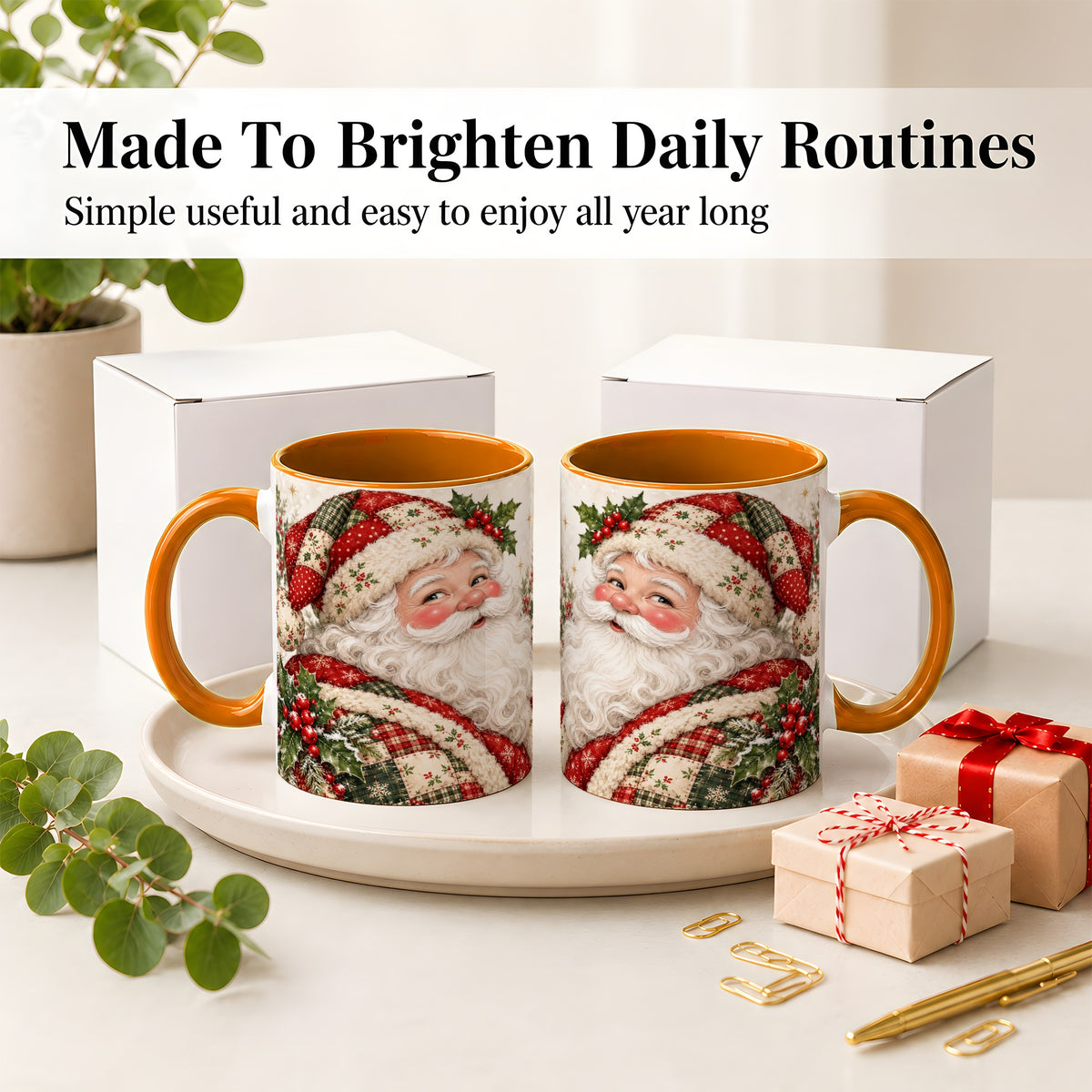 #pl[11oz|Orange] Patchwork Santa Portrait Mug, Ceramic Mug with Holly Artwork