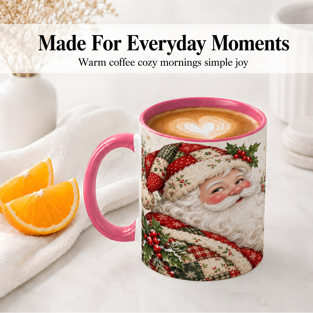 #pl[11oz|Pink] Patchwork Santa Portrait Mug, Ceramic Mug with Holly Artwork