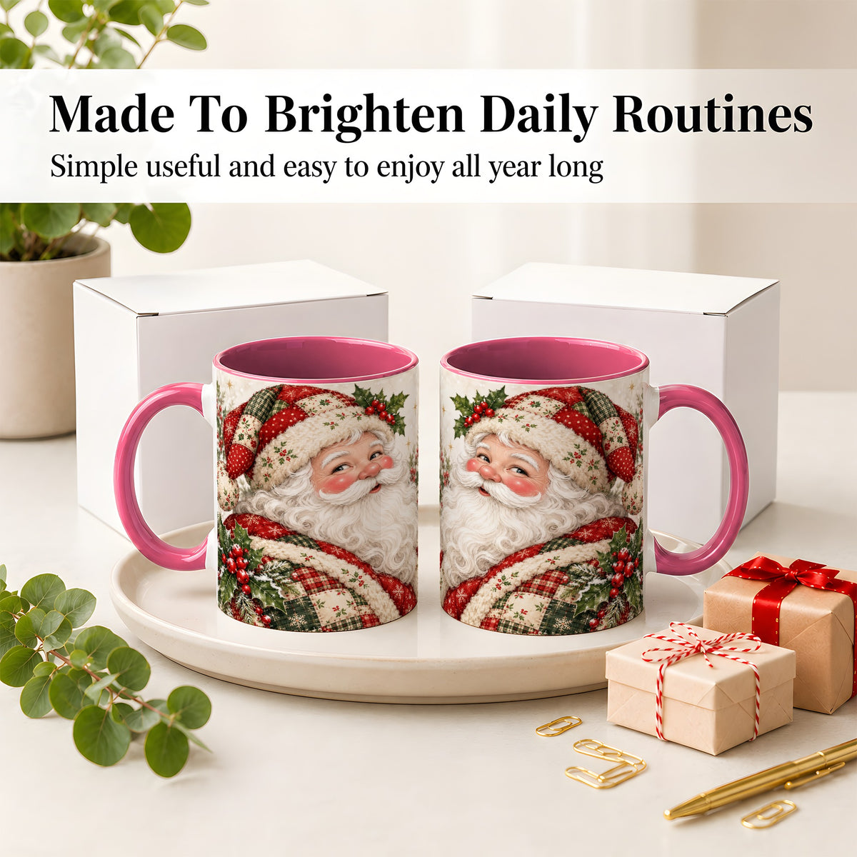 #pl[11oz|Pink] Patchwork Santa Portrait Mug, Ceramic Mug with Holly Artwork