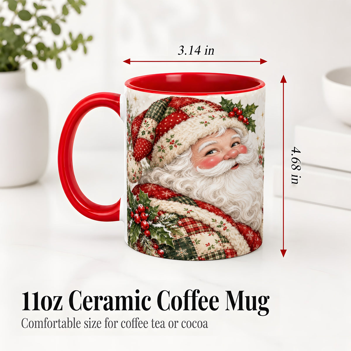 #pl[11oz|Red] Patchwork Santa Portrait Mug, Ceramic Mug with Holly Artwork