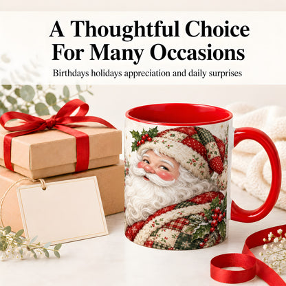 #pl[11oz|Red] Patchwork Santa Portrait Mug, Ceramic Mug with Holly Artwork