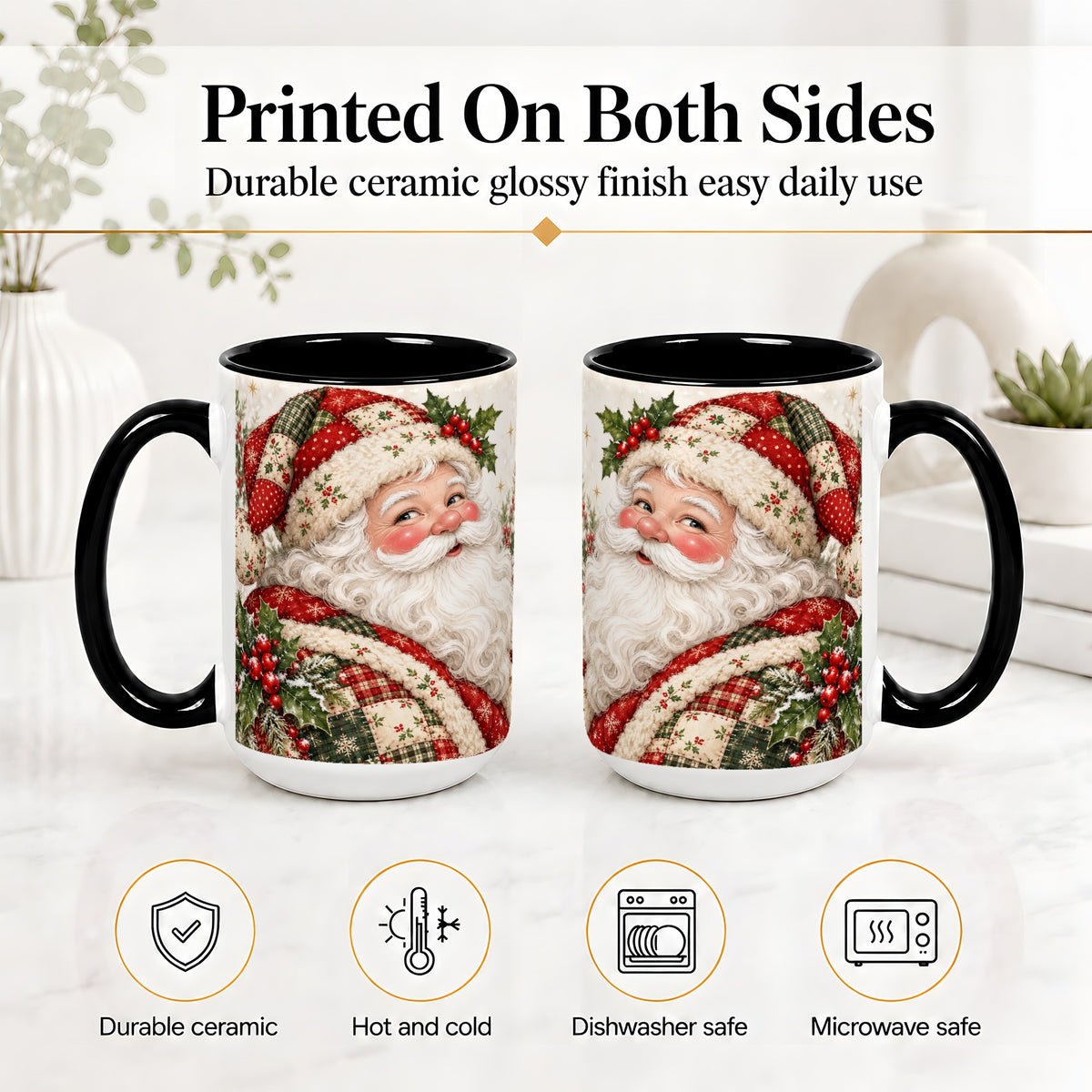#pl[15oz|Black] Patchwork Santa Portrait Mug, Ceramic Mug with Holly Artwork