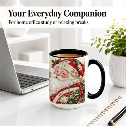#pl[15oz|Black] Patchwork Santa Portrait Mug, Ceramic Mug with Holly Artwork