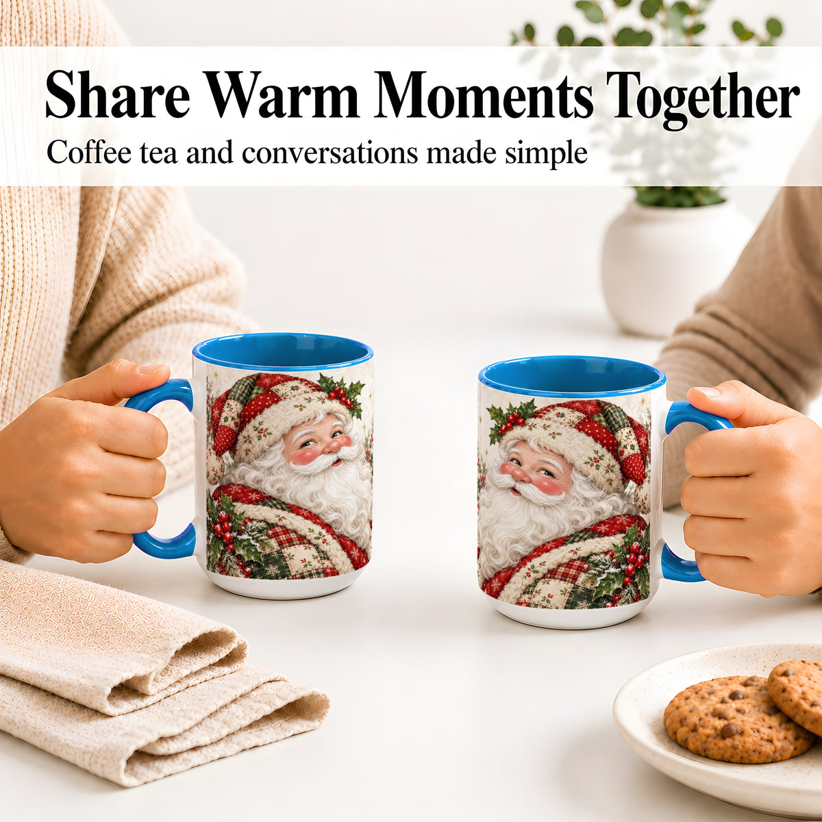 #pl[15oz|Blue] Patchwork Santa Portrait Mug, Ceramic Mug with Holly Artwork