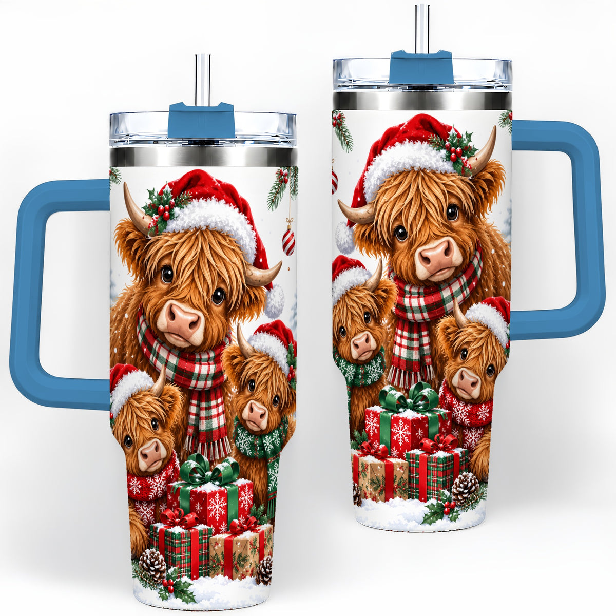 #pl[40oz|Blue] Christmas Highland Cow Tumbler, 40oz Tumbler for Daily Drinks