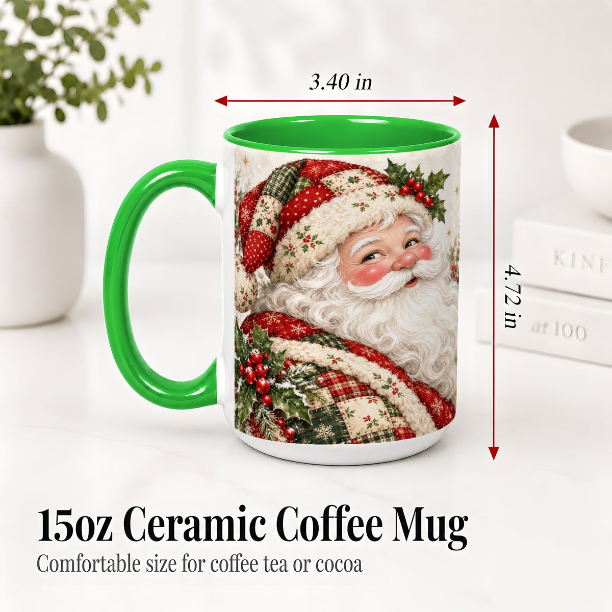 #pl[15oz|Green] Patchwork Santa Portrait Mug, Ceramic Mug with Holly Artwork