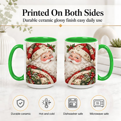 #pl[15oz|Green] Patchwork Santa Portrait Mug, Ceramic Mug with Holly Artwork
