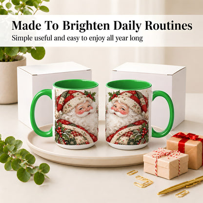 #pl[15oz|Green] Patchwork Santa Portrait Mug, Ceramic Mug with Holly Artwork