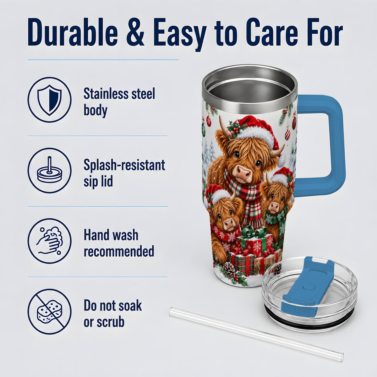 #pl[40oz|Blue] Christmas Highland Cow Tumbler, 40oz Tumbler for Daily Drinks