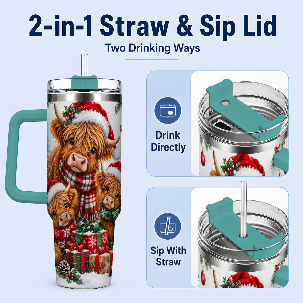 #pl[40oz|Green] Christmas Highland Cow Tumbler, 40oz Tumbler for Daily Drinks