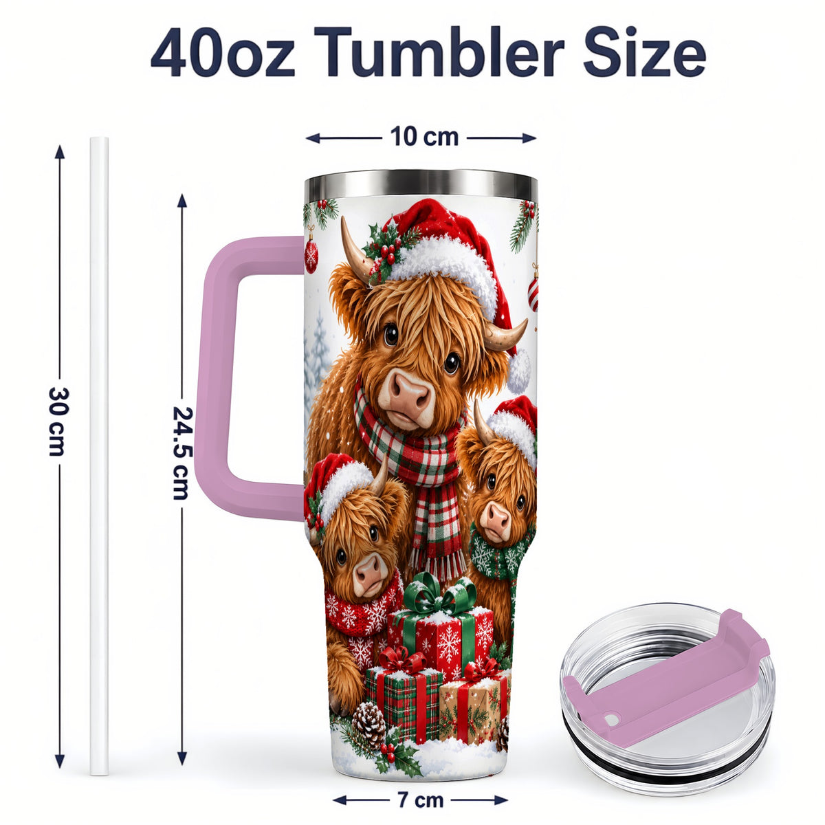 #pl[40oz|Pink] Christmas Highland Cow Tumbler, 40oz Tumbler for Daily Drinks