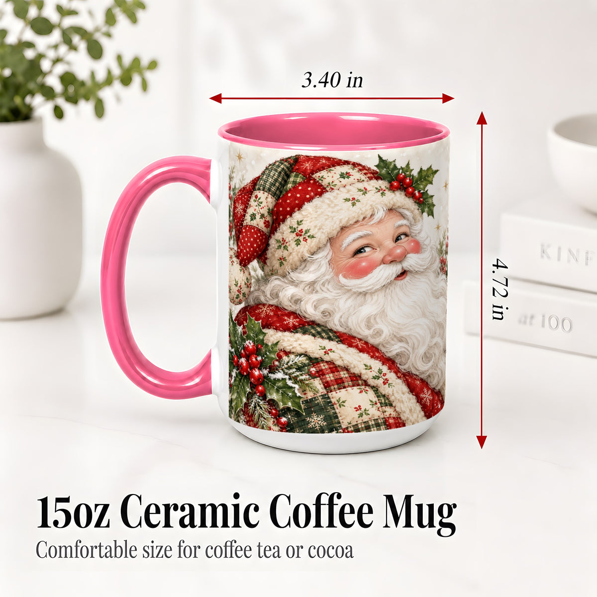 #pl[15oz|Pink] Patchwork Santa Portrait Mug, Ceramic Mug with Holly Artwork