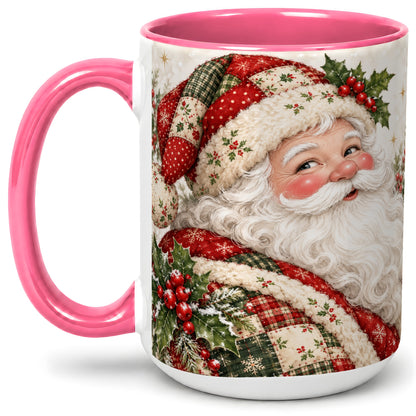 #pl[15oz|Pink] Patchwork Santa Portrait Mug, Ceramic Mug with Holly Artwork