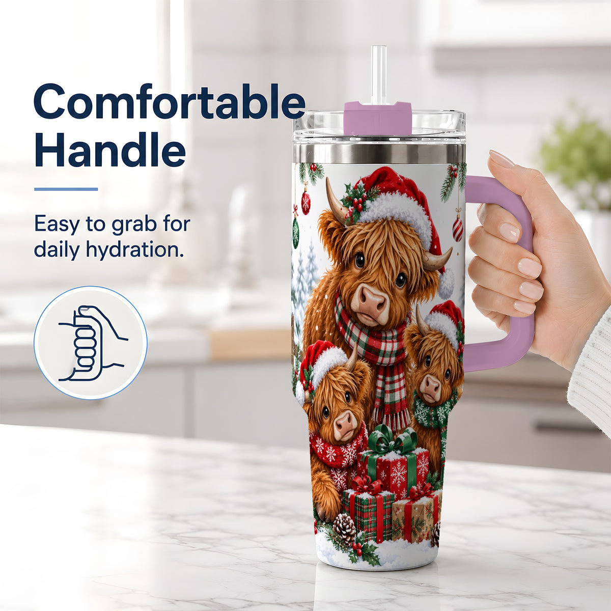 #pl[40oz|Pink] Christmas Highland Cow Tumbler, 40oz Tumbler for Daily Drinks