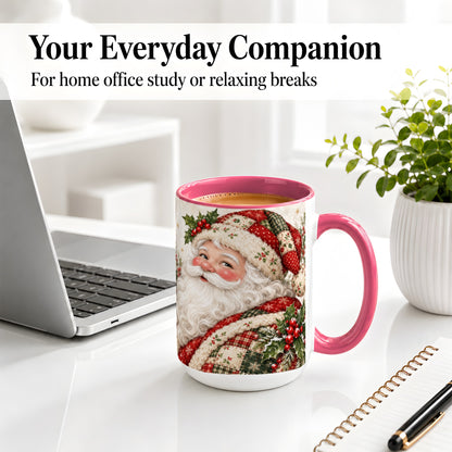 #pl[15oz|Pink] Patchwork Santa Portrait Mug, Ceramic Mug with Holly Artwork