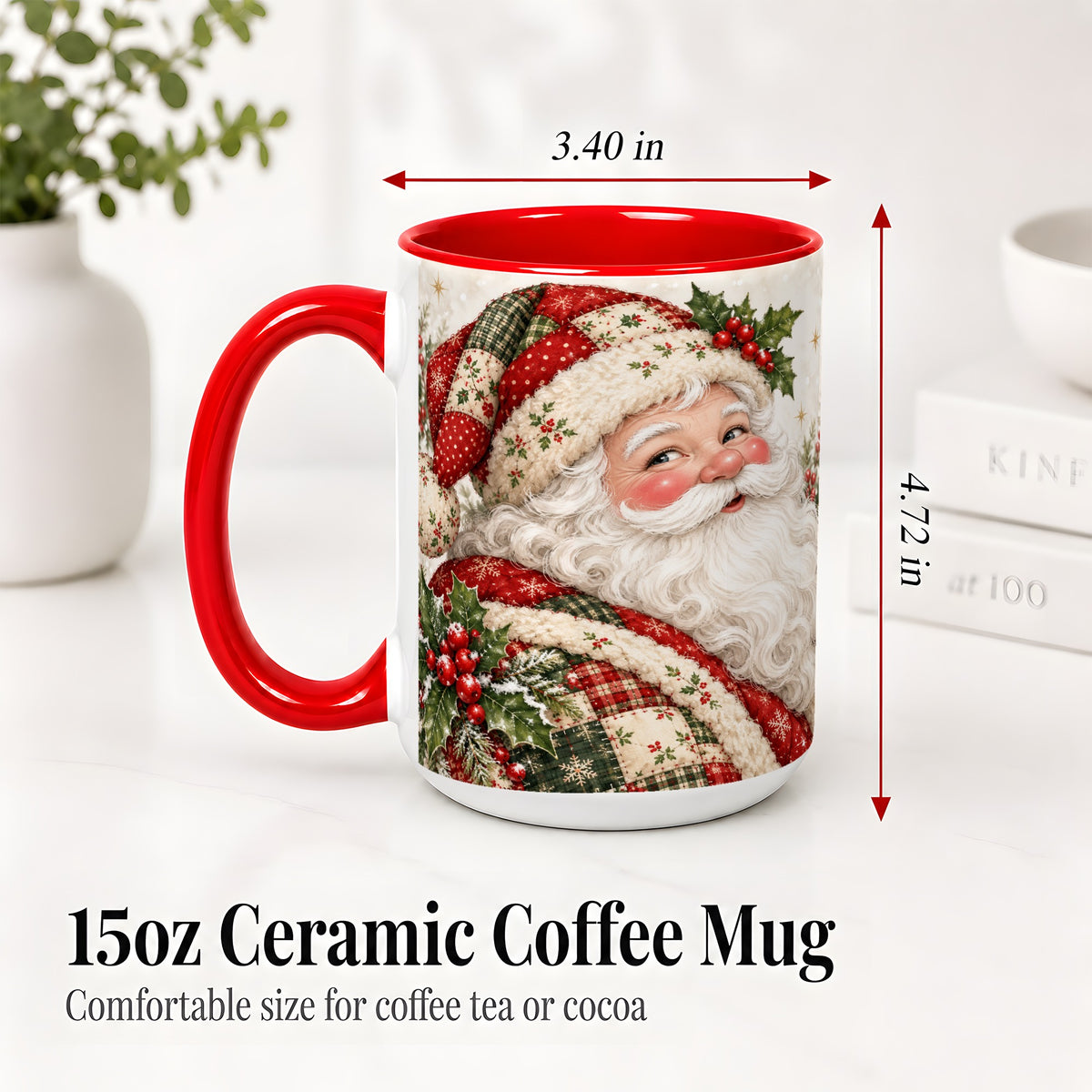 #pl[15oz|Red] Patchwork Santa Portrait Mug, Ceramic Mug with Holly Artwork