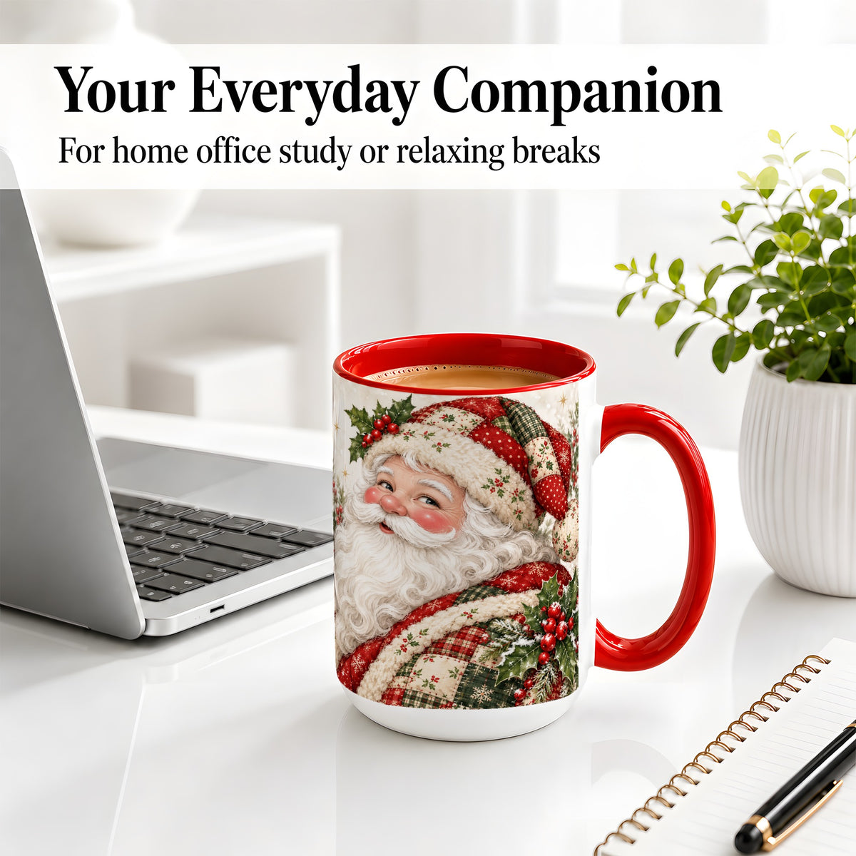 #pl[15oz|Red] Patchwork Santa Portrait Mug, Ceramic Mug with Holly Artwork
