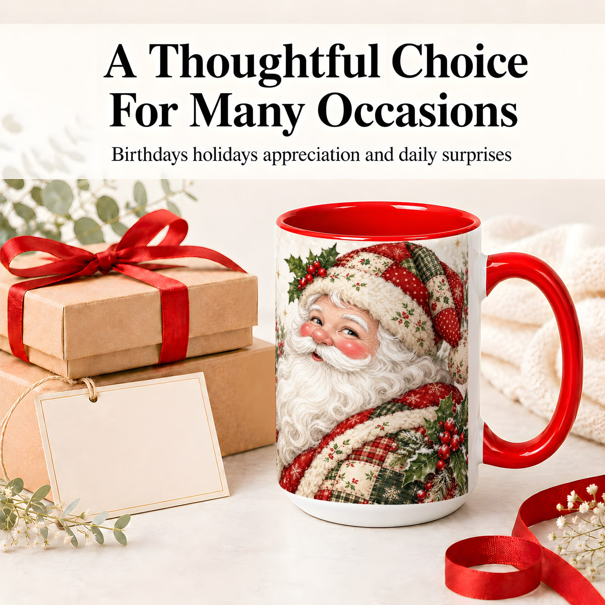 #pl[15oz|Red] Patchwork Santa Portrait Mug, Ceramic Mug with Holly Artwork