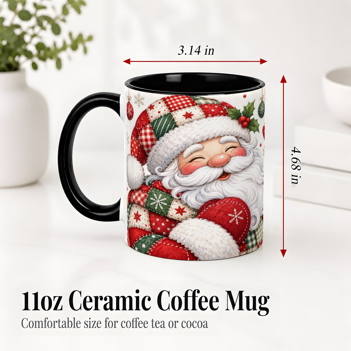 #pl[11oz|Black] Patchwork Santa Christmas Mug, Ceramic Mug with Snowflake Art