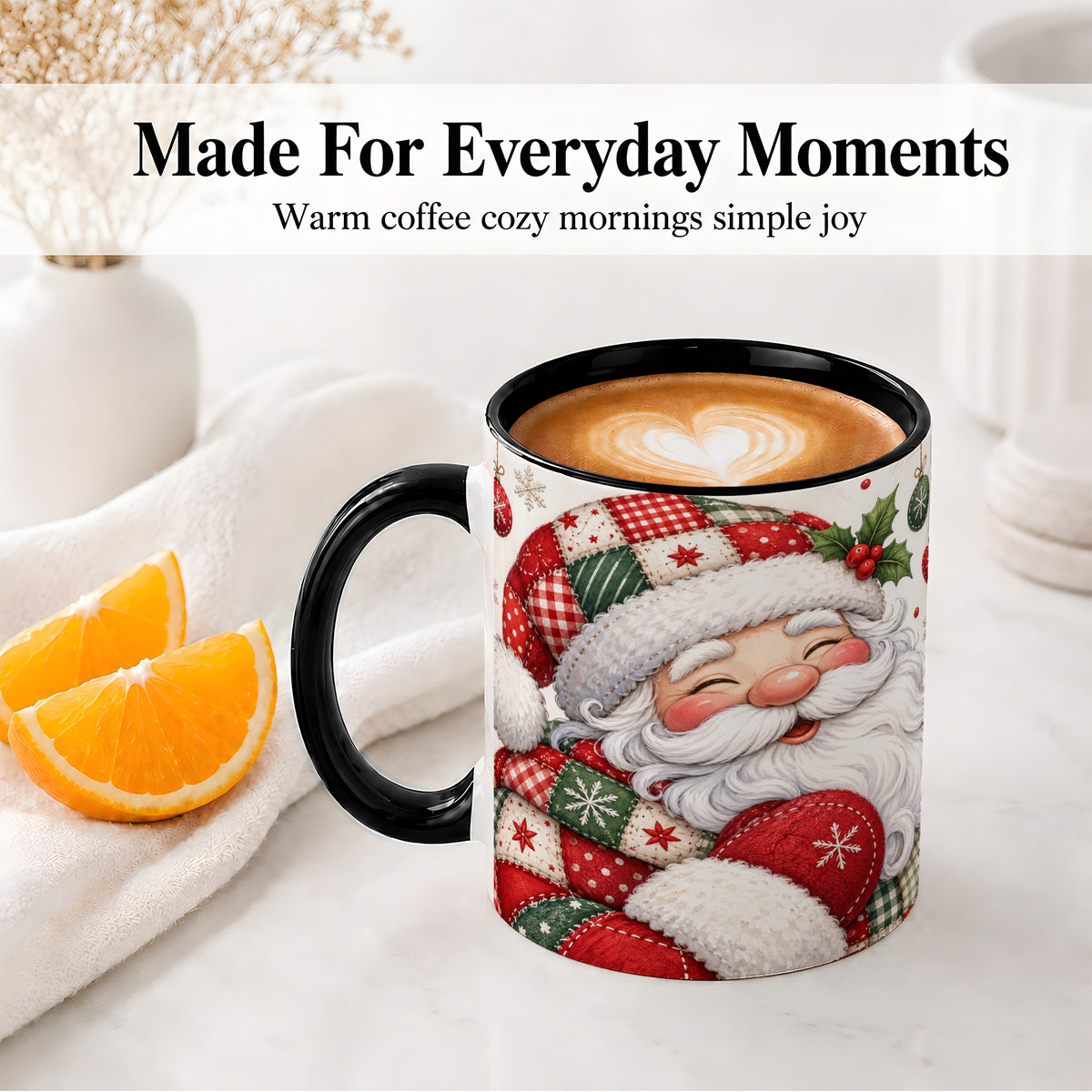 #pl[11oz|Black] Patchwork Santa Christmas Mug, Ceramic Mug with Snowflake Art