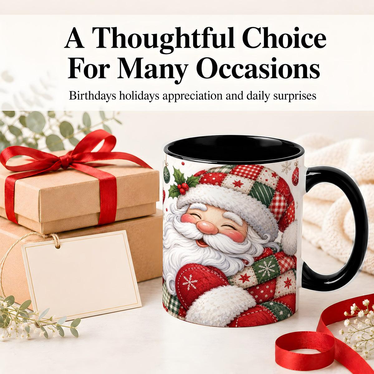 #pl[11oz|Black] Patchwork Santa Christmas Mug, Ceramic Mug with Snowflake Art