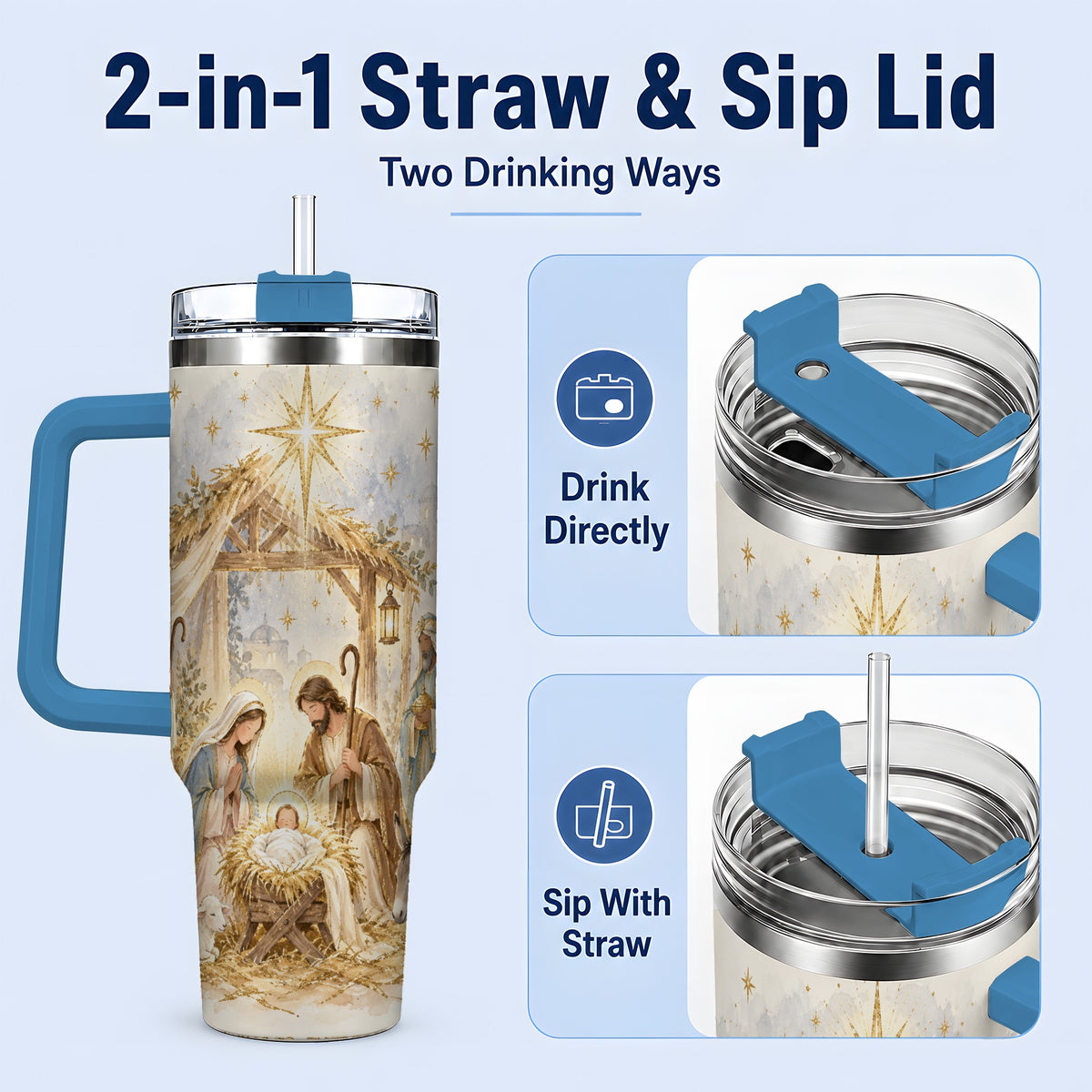 #pl[40oz|Blue] Nativity Scene Tumbler, 40oz Tumbler for Water and Iced Drinks