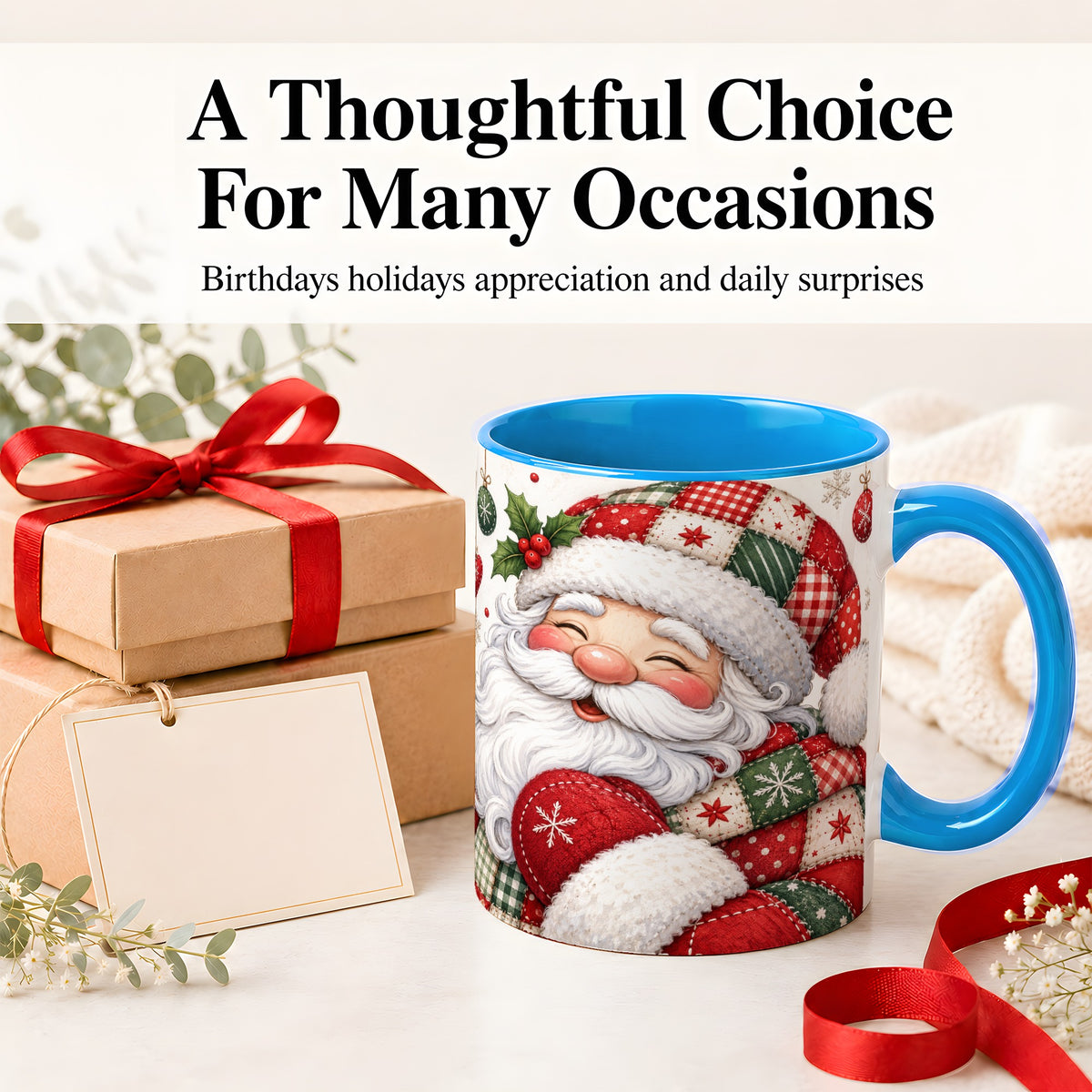 #pl[11oz|Blue] Patchwork Santa Christmas Mug, Ceramic Mug with Snowflake Art