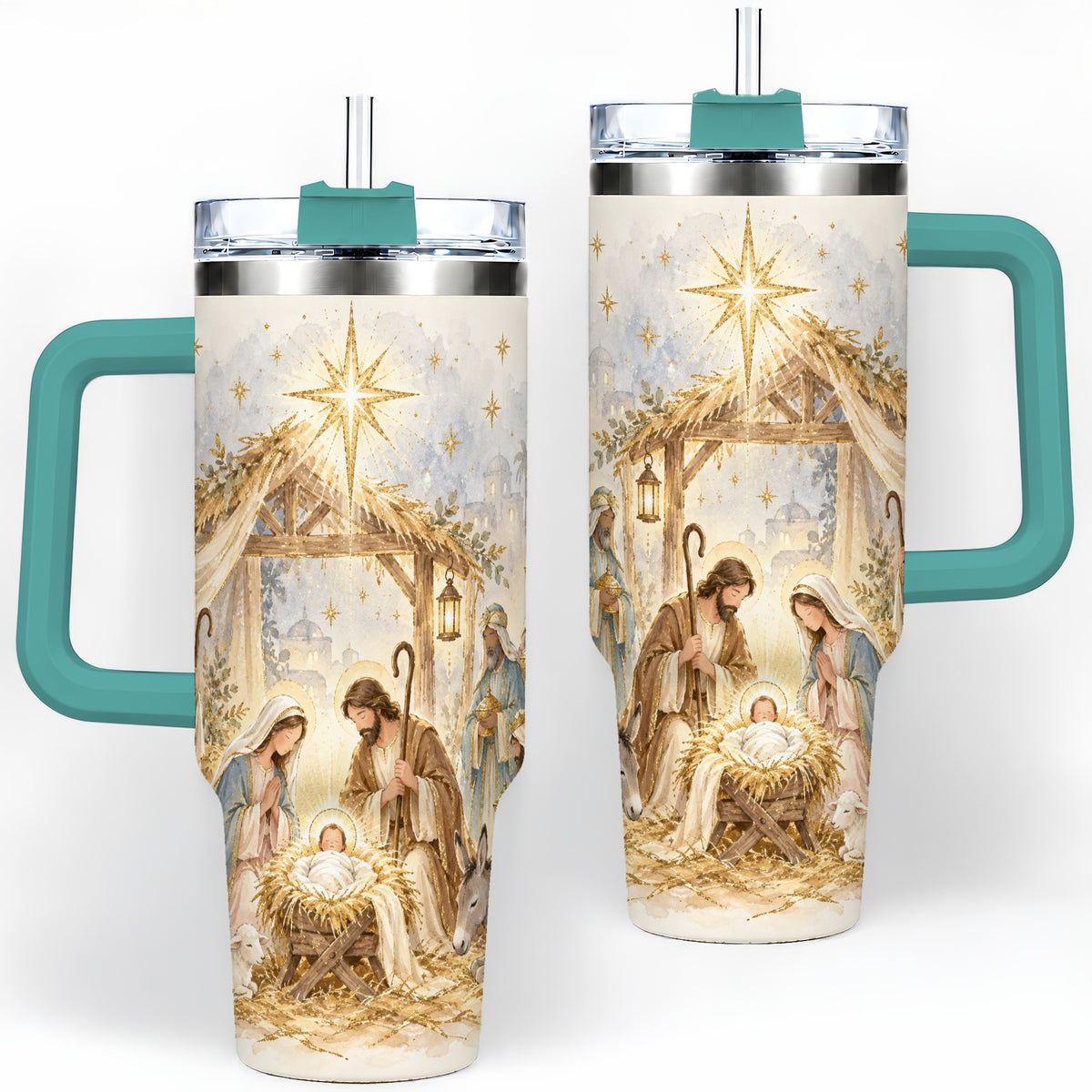 #pl[40oz|Green] Nativity Scene Tumbler, 40oz Tumbler for Water and Iced Drinks