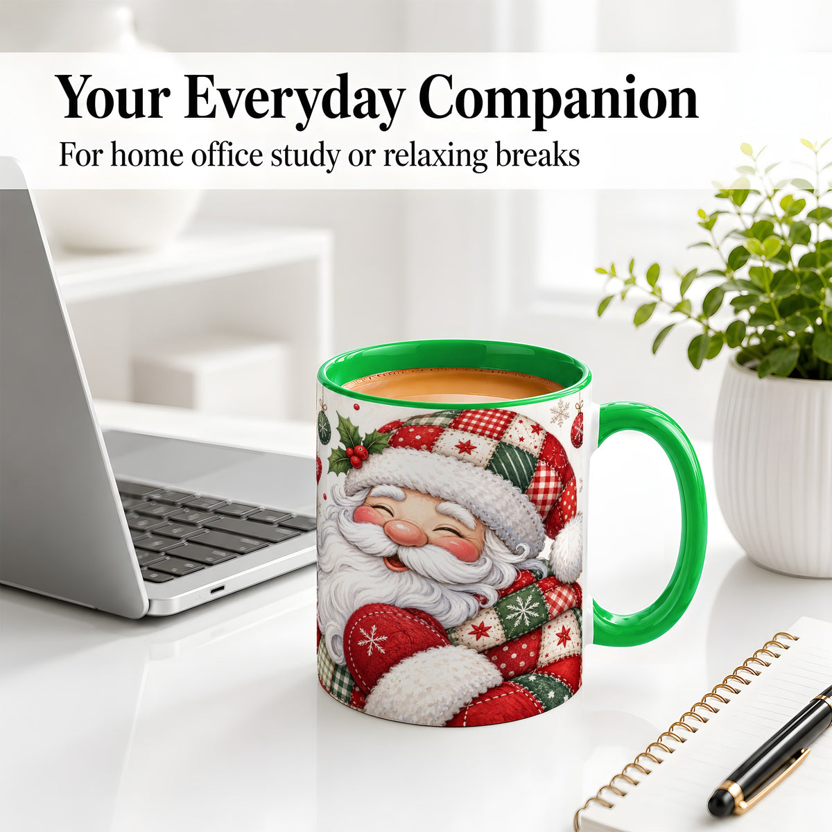 #pl[11oz|Green] Patchwork Santa Christmas Mug, Ceramic Mug with Snowflake Art