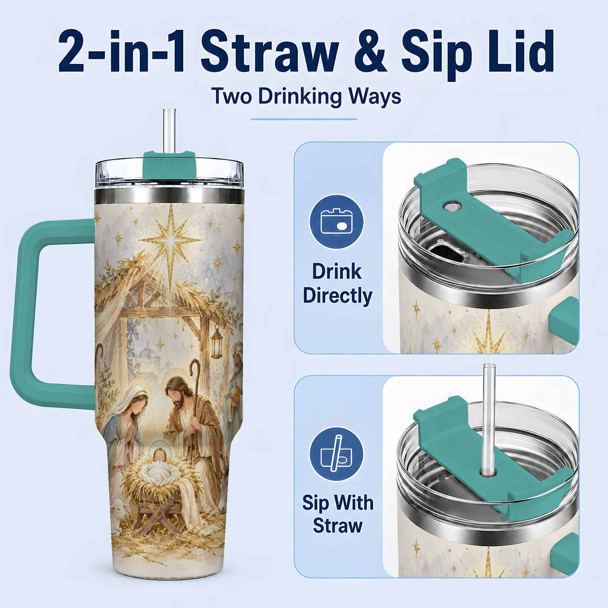 #pl[40oz|Green] Nativity Scene Tumbler, 40oz Tumbler for Water and Iced Drinks