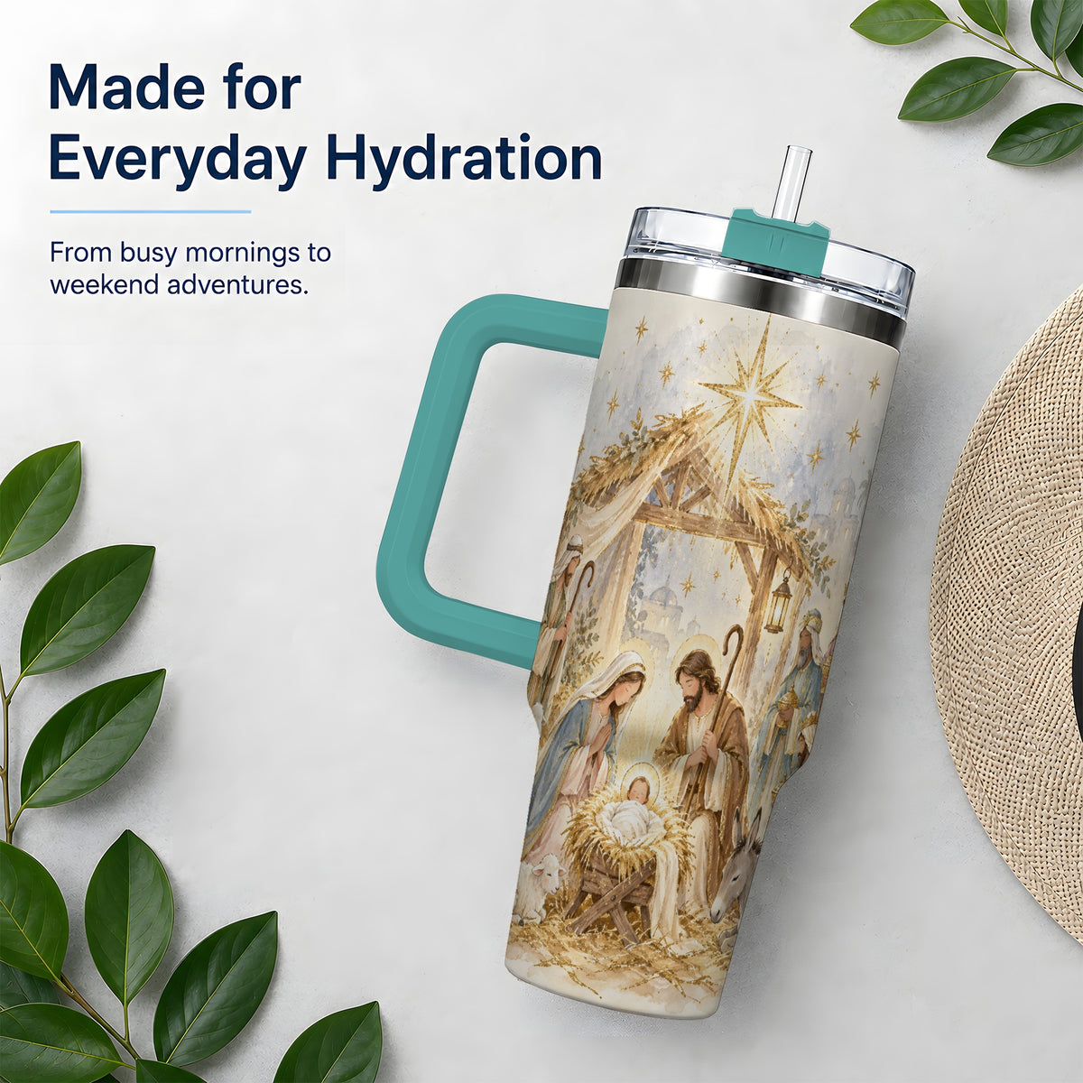 #pl[40oz|Green] Nativity Scene Tumbler, 40oz Tumbler for Water and Iced Drinks