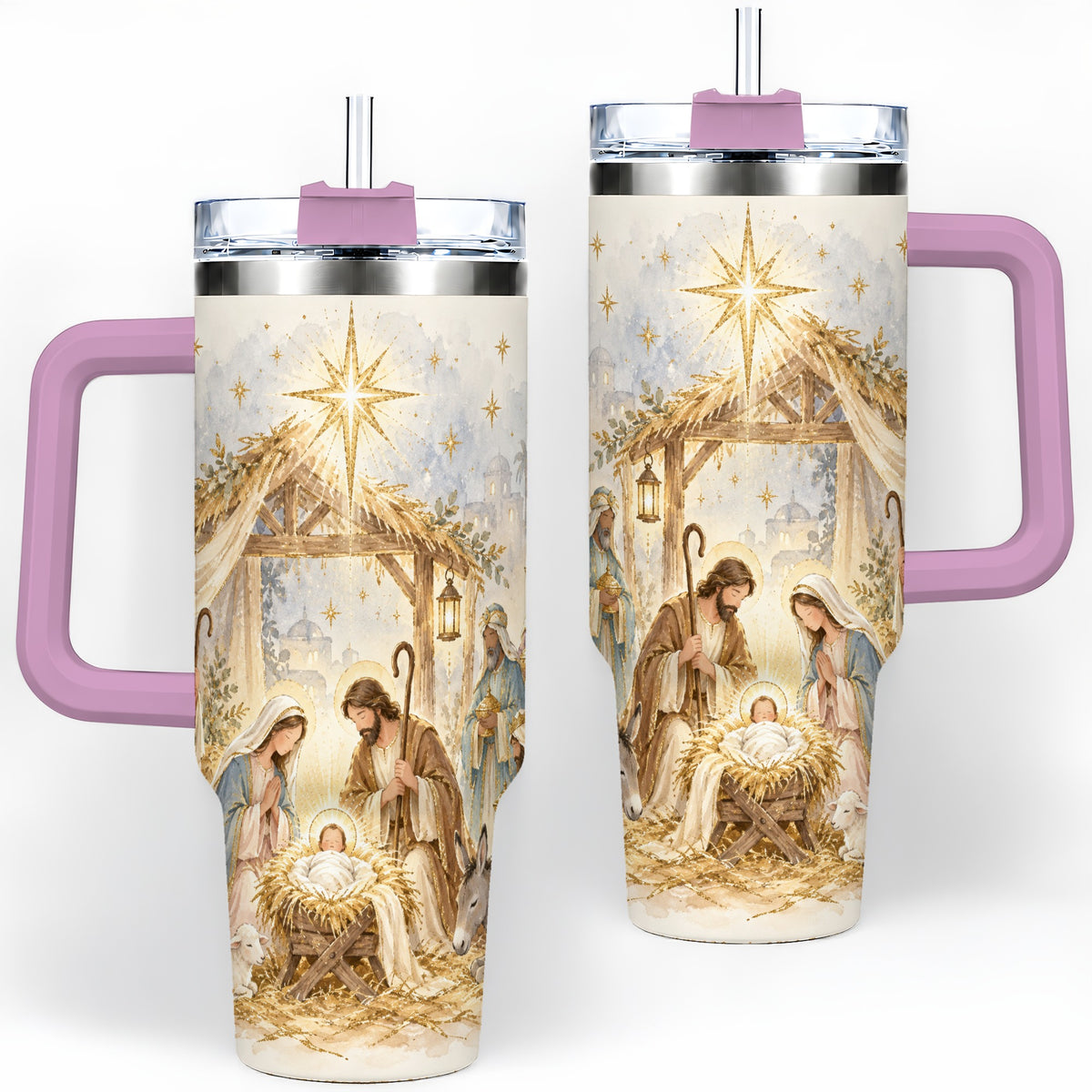 #pl[40oz|Pink] Nativity Scene Tumbler, 40oz Tumbler for Water and Iced Drinks