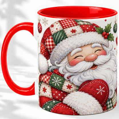 Patchwork Santa Christmas Mug, Ceramic Mug with Snowflake Art
