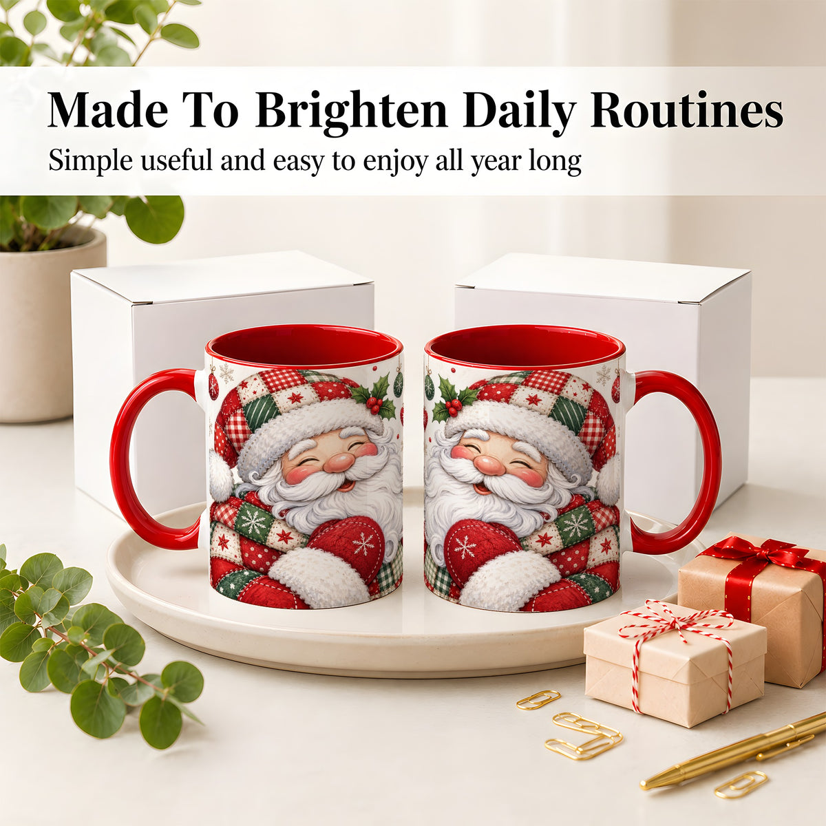 #pl[11oz|Red] Patchwork Santa Christmas Mug, Ceramic Mug with Snowflake Art