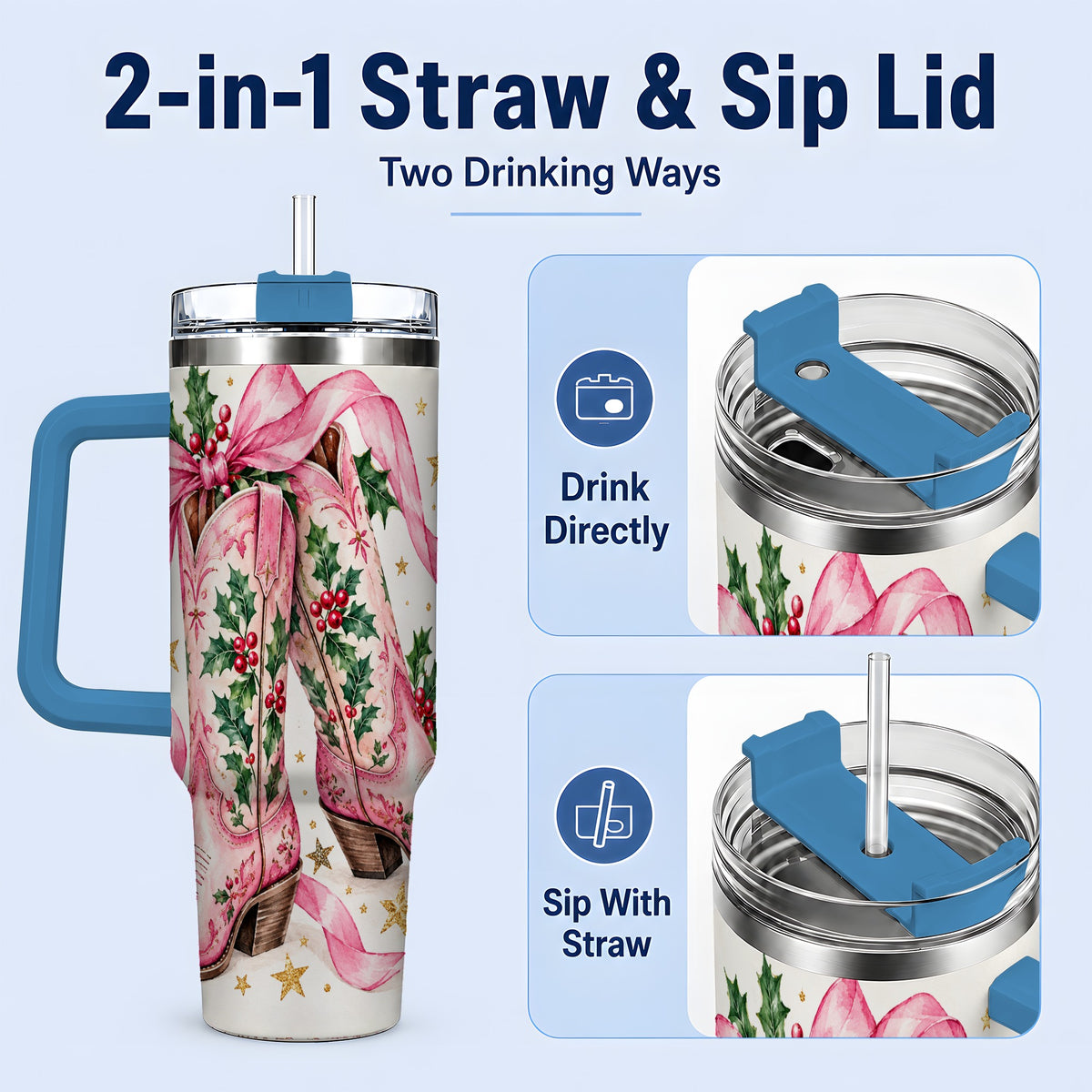 #pl[40oz|Blue] Pink Western Boots Tumbler, 40oz Tumbler for Daily Drinks