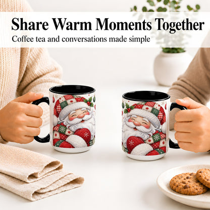 #pl[15oz|Black] Patchwork Santa Christmas Mug, Ceramic Mug with Snowflake Art