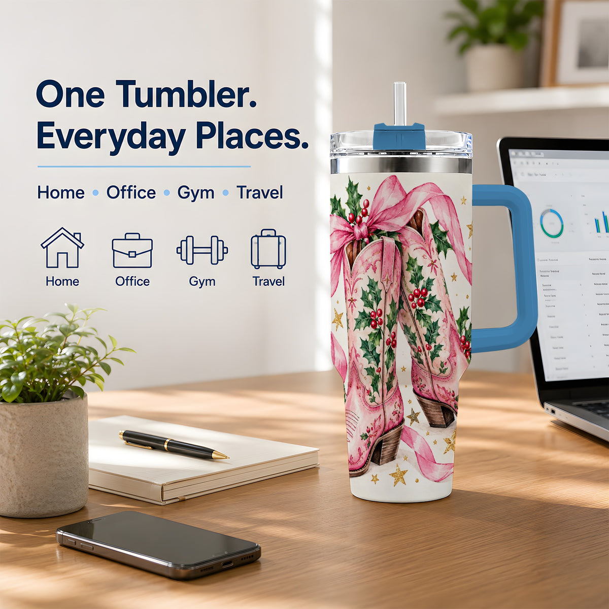 #pl[40oz|Blue] Pink Western Boots Tumbler, 40oz Tumbler for Daily Drinks