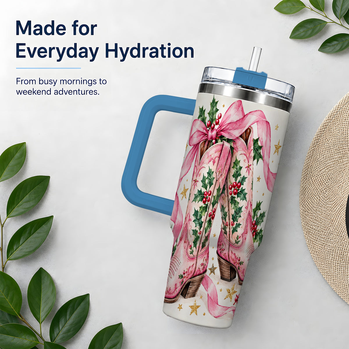 #pl[40oz|Blue] Pink Western Boots Tumbler, 40oz Tumbler for Daily Drinks