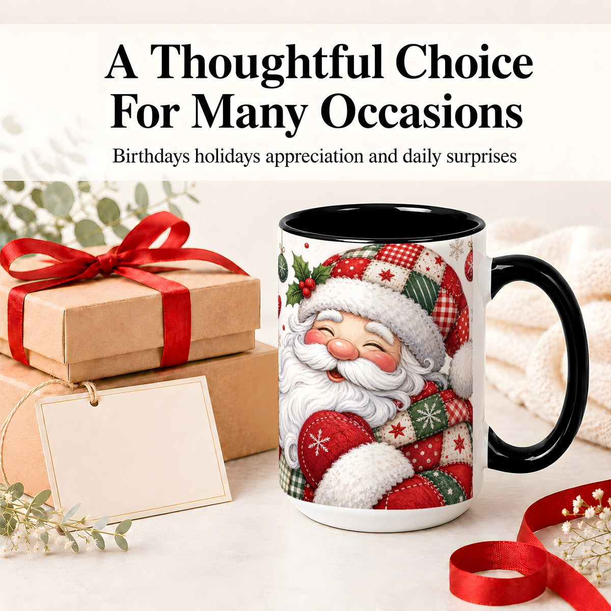 #pl[15oz|Black] Patchwork Santa Christmas Mug, Ceramic Mug with Snowflake Art