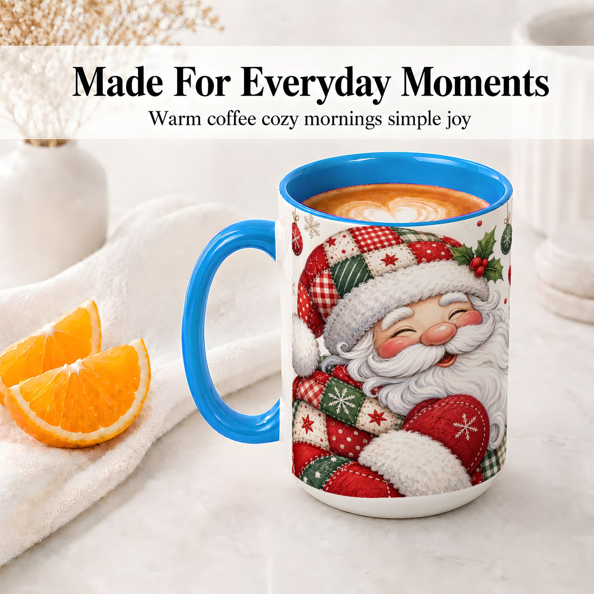 #pl[15oz|Blue] Patchwork Santa Christmas Mug, Ceramic Mug with Snowflake Art