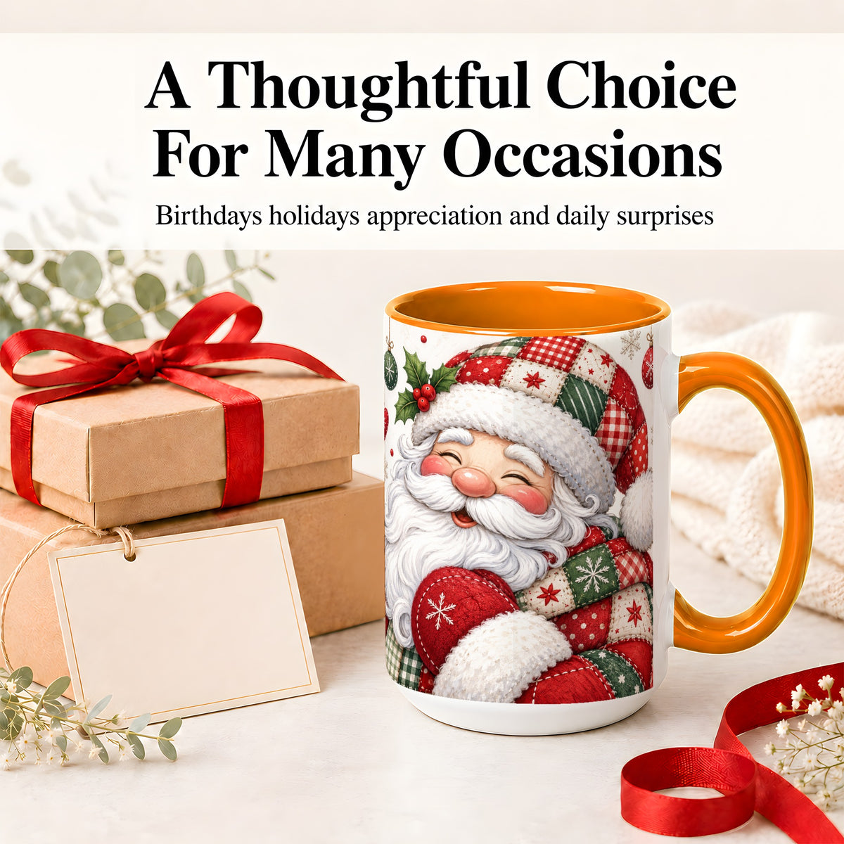 #pl[15oz|Orange] Patchwork Santa Christmas Mug, Ceramic Mug with Snowflake Art