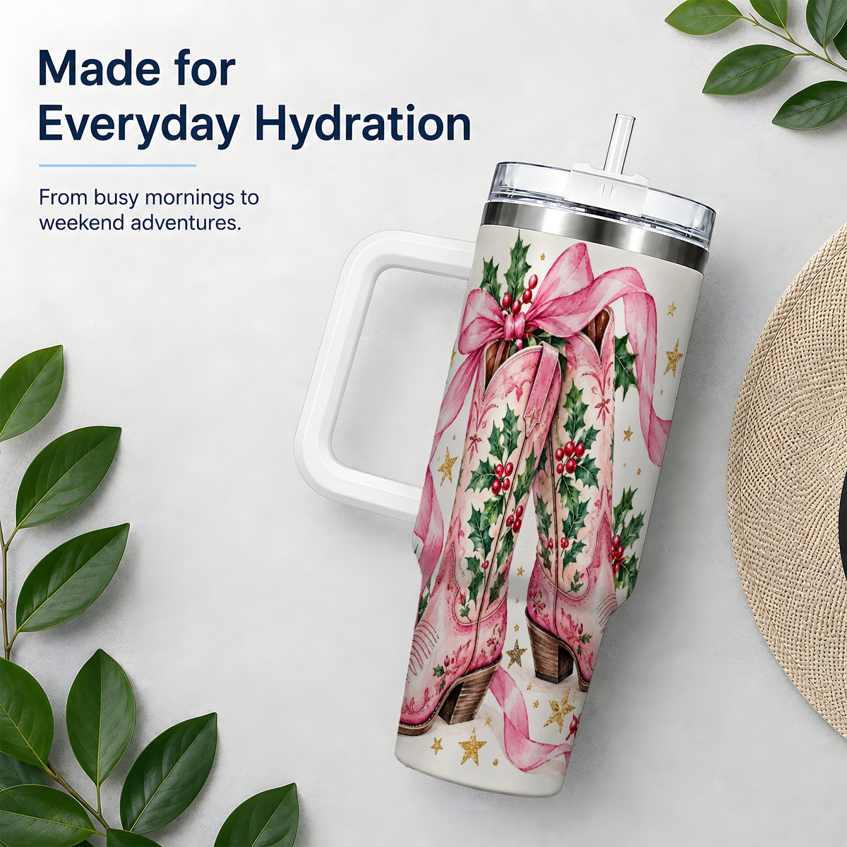 #pl[40oz|White] Pink Western Boots Tumbler, 40oz Tumbler for Daily Drinks