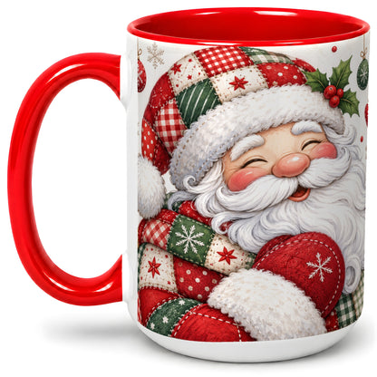 #pl[15oz|Red] Patchwork Santa Christmas Mug, Ceramic Mug with Snowflake Art