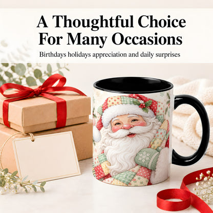 #pl[11oz|Black] Pastel Patchwork Santa Christmas Mug, Ceramic Mug with Floral Art