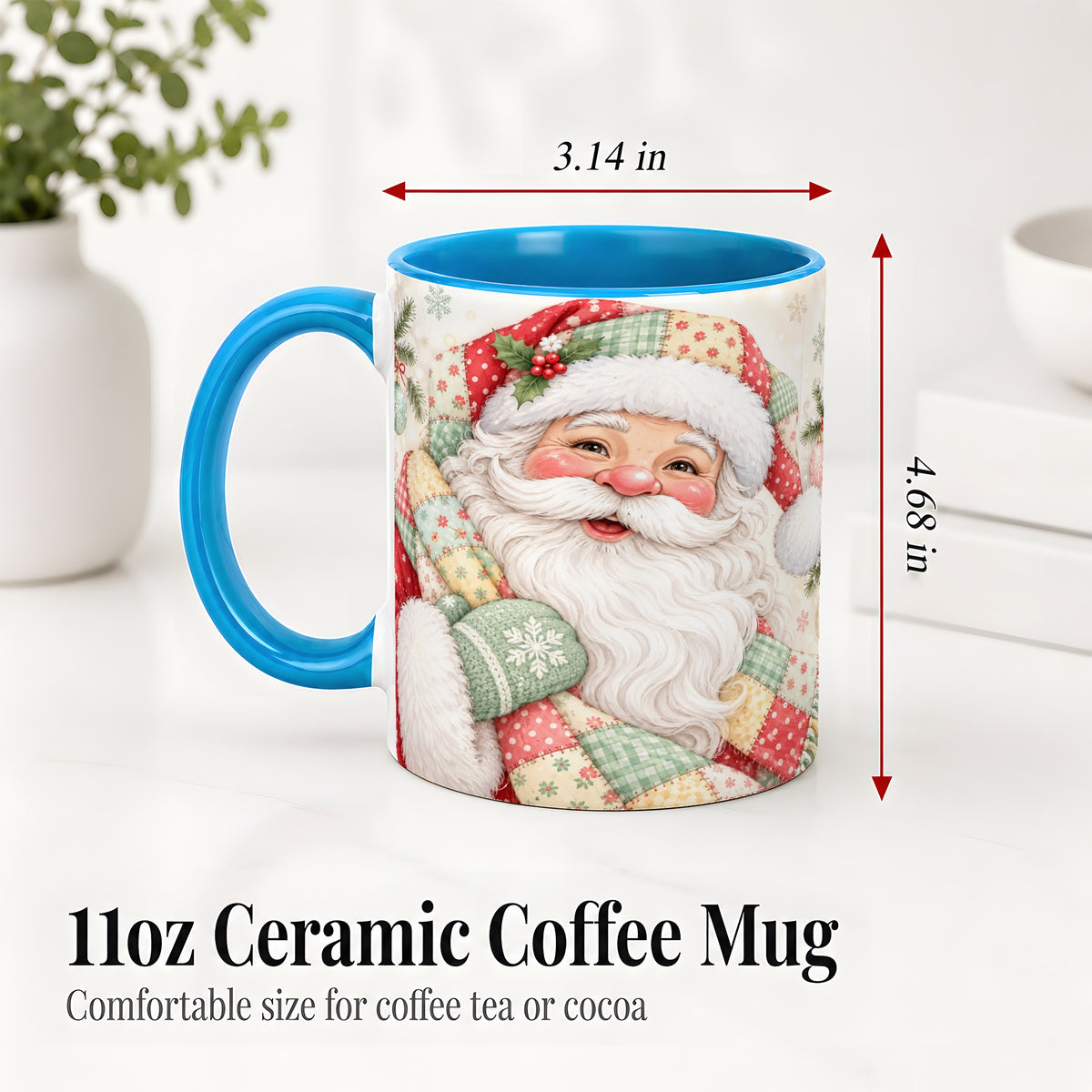 #pl[11oz|Blue] Pastel Patchwork Santa Christmas Mug, Ceramic Mug with Floral Art