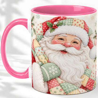 #pl[11oz|Pink] Pastel Patchwork Santa Christmas Mug, Ceramic Mug with Floral Art