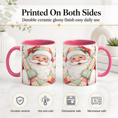 #pl[11oz|Pink] Pastel Patchwork Santa Christmas Mug, Ceramic Mug with Floral Art