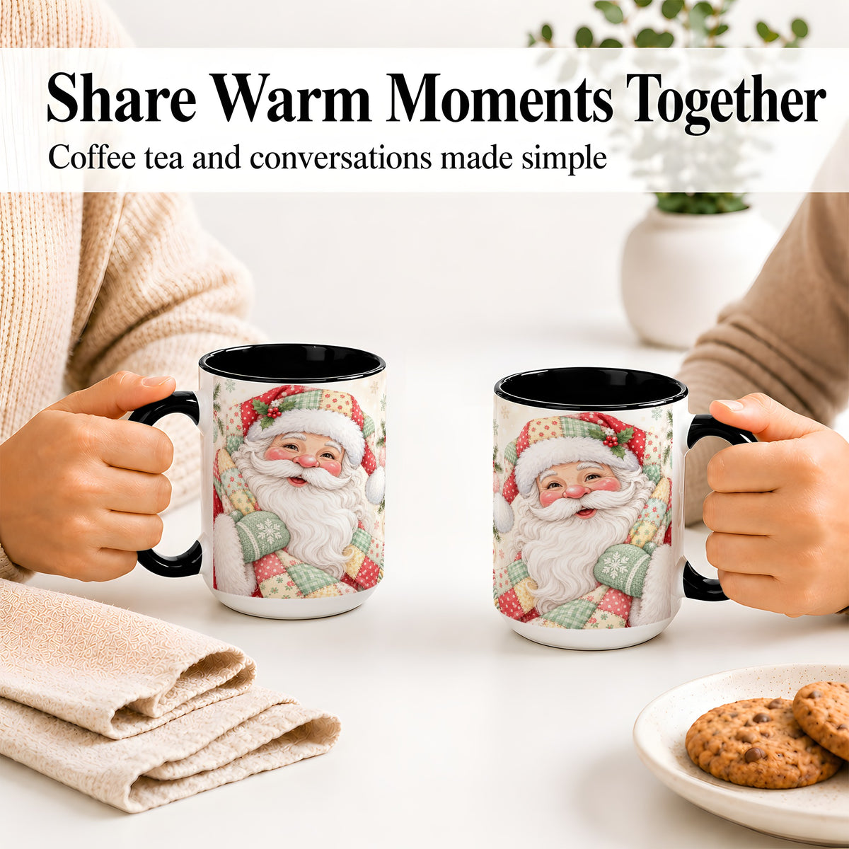 #pl[15oz|Black] Pastel Patchwork Santa Christmas Mug, Ceramic Mug with Floral Art