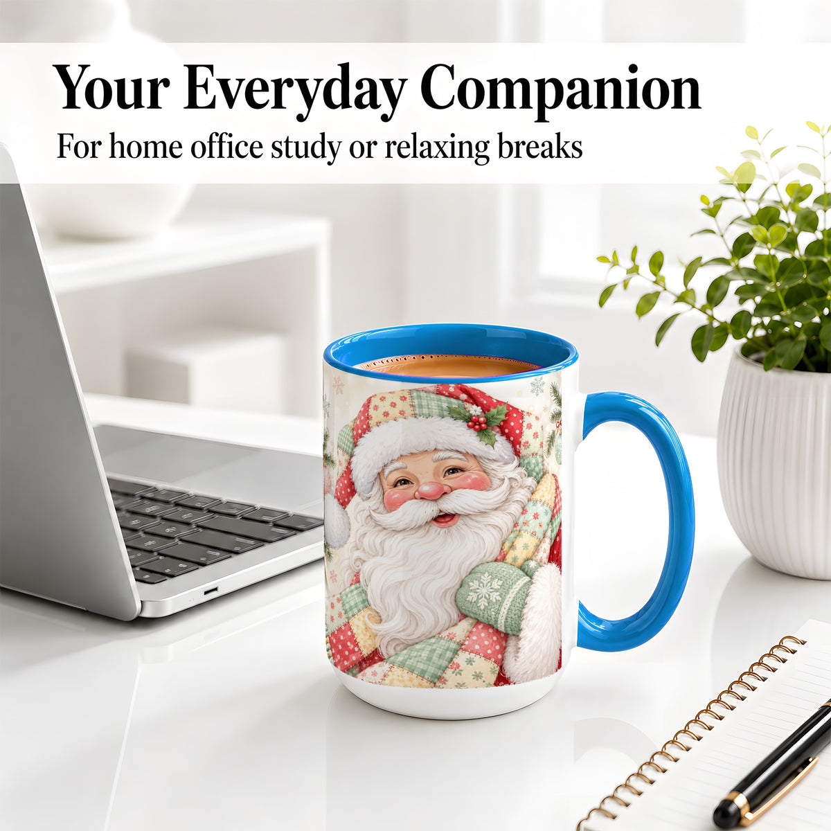 #pl[15oz|Blue] Pastel Patchwork Santa Christmas Mug, Ceramic Mug with Floral Art