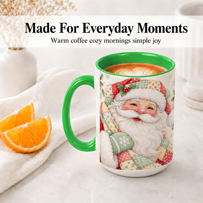 #pl[15oz|Green] Pastel Patchwork Santa Christmas Mug, Ceramic Mug with Floral Art